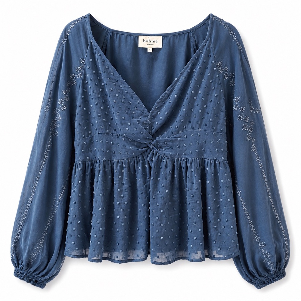 Böhme Yvette Swiss Dot Peplum Blouse Blue Embroidered Boho Top Large - Picture 2 of 6
